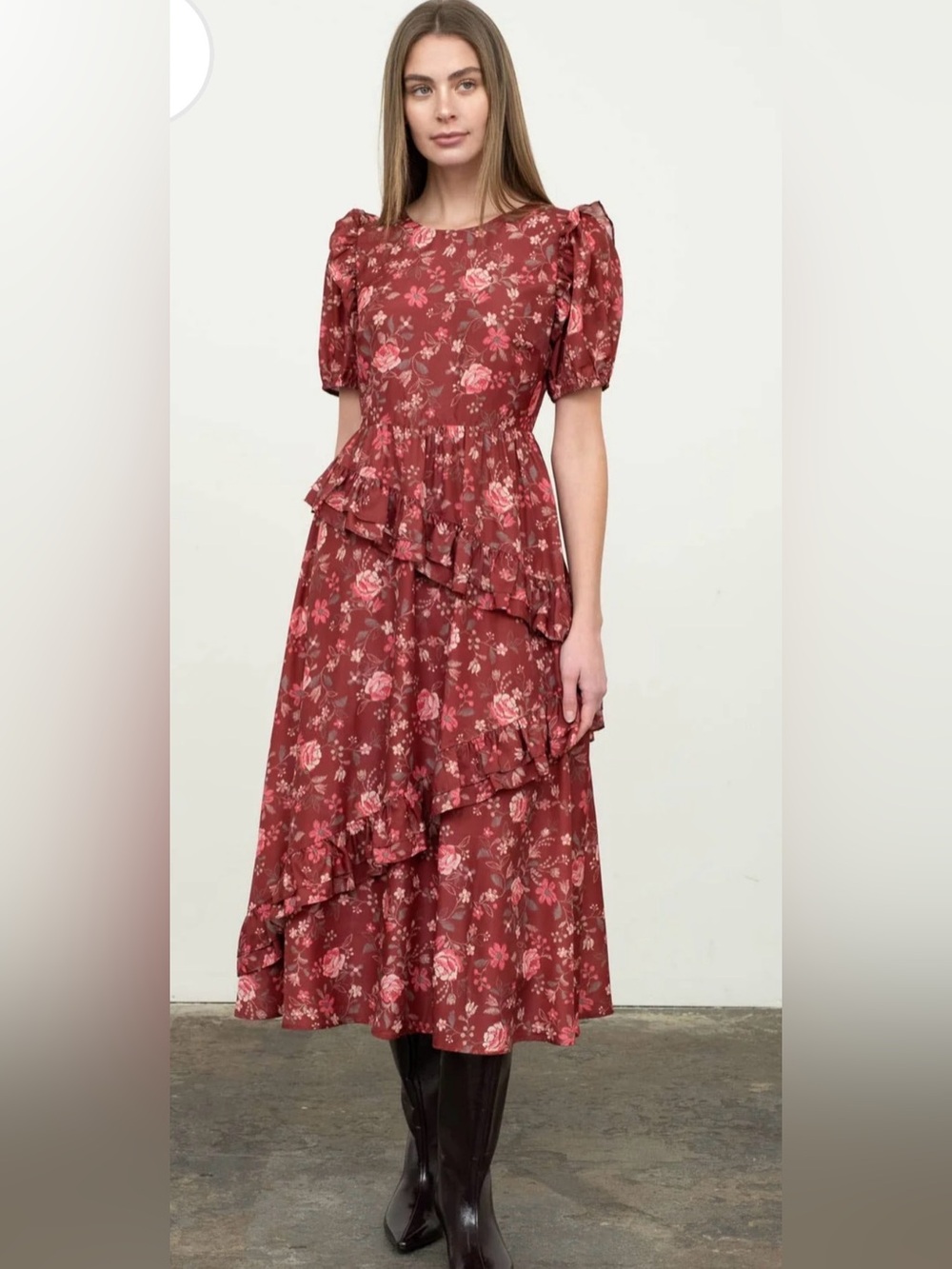Moon River Ox-blood Floral Tiered Midi Dress